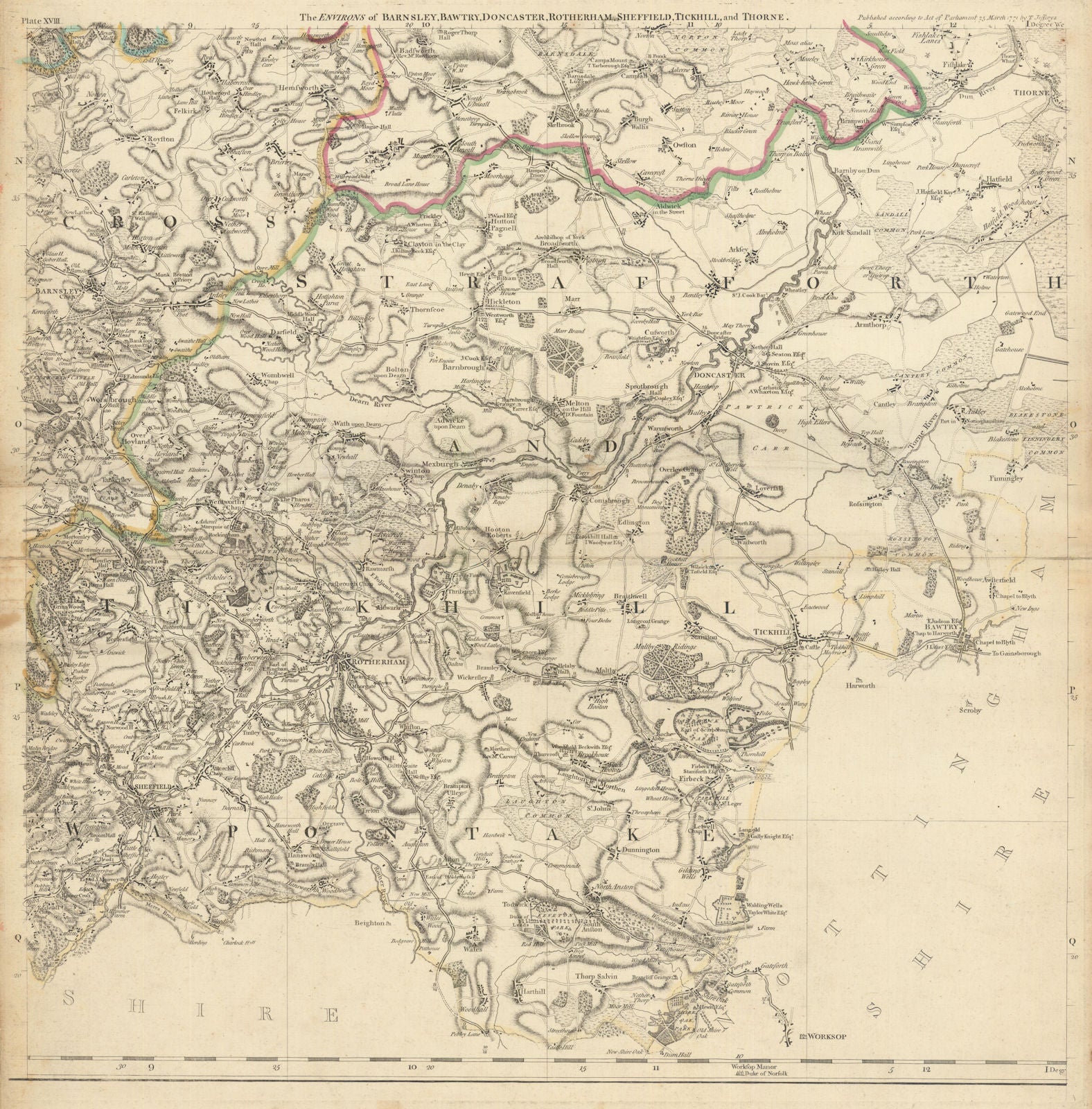 South Yorkshire. Barnsley, Doncaster, Rotherham, Sheffield. T. Jefferys 1772 map